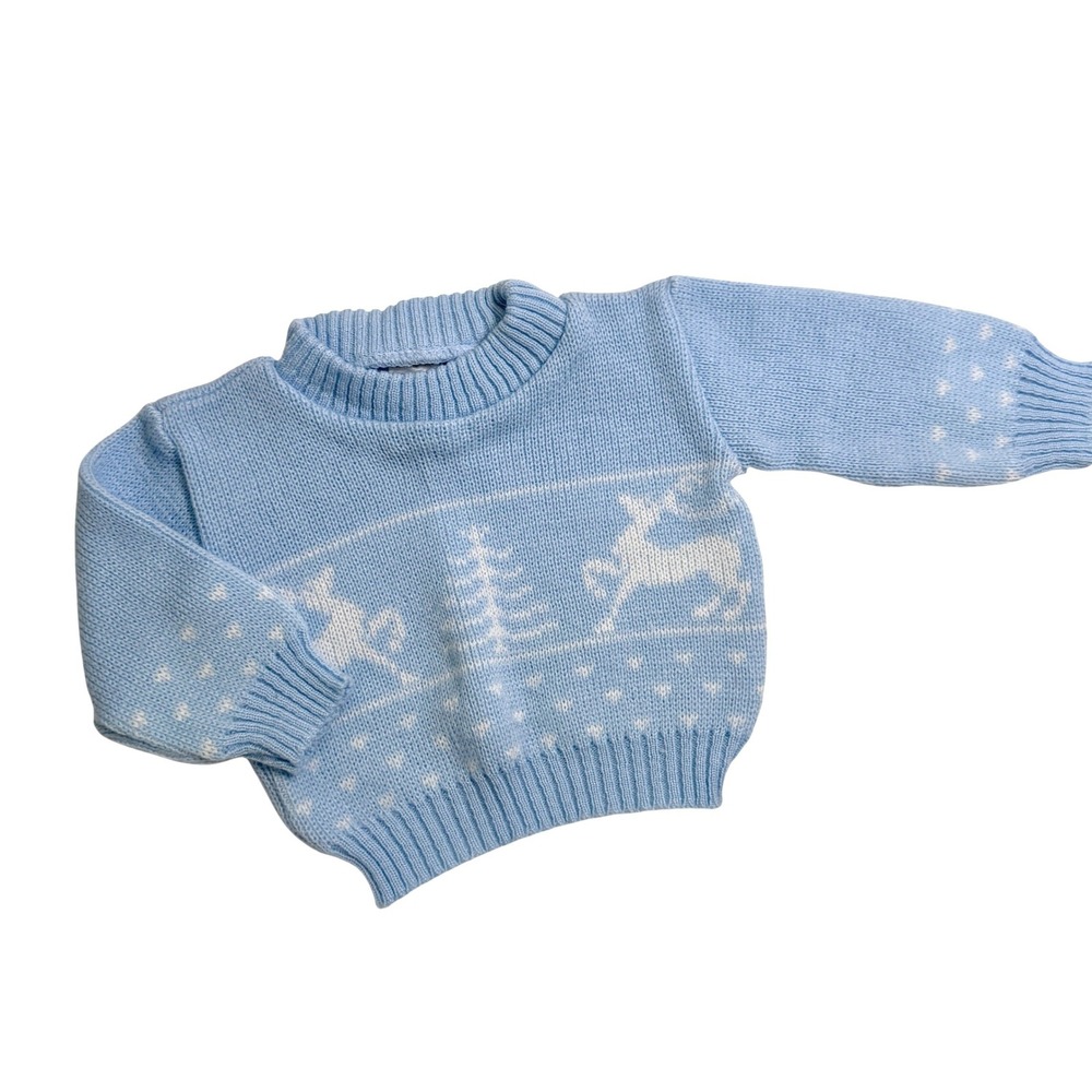Vintage Knit Sweater Baby 6M Light Blue Reindeer Holiday Intarsia Portugal